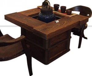 Well-shaped (shaped like a square) IRORI dining table made of Paulownia wood fired on surface